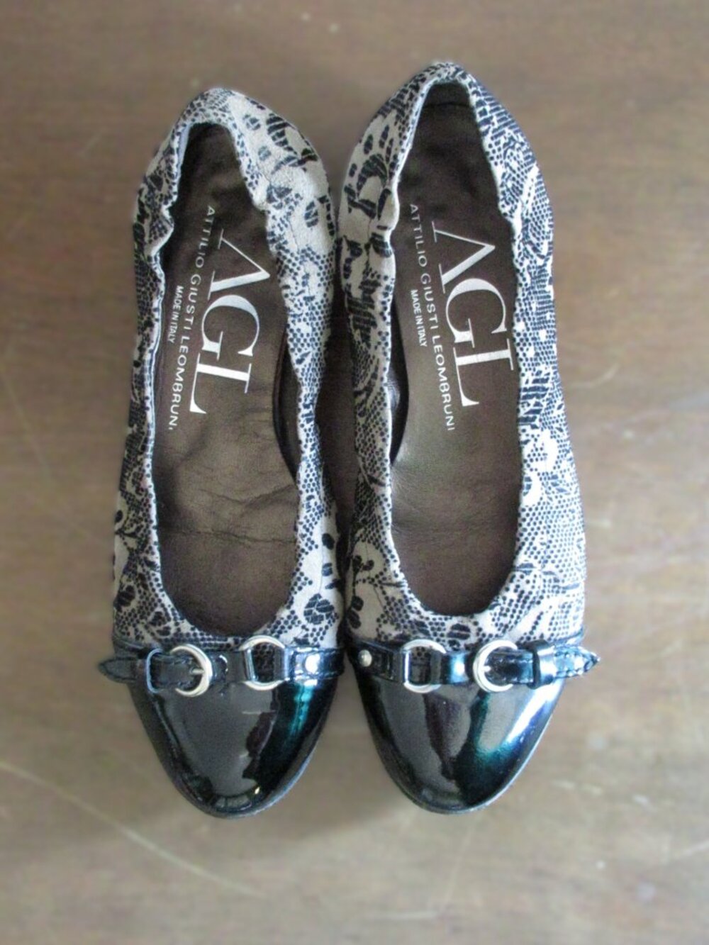 AGL Cap Toe Leather and Velvet Floral Flats Black Tan Size 36
